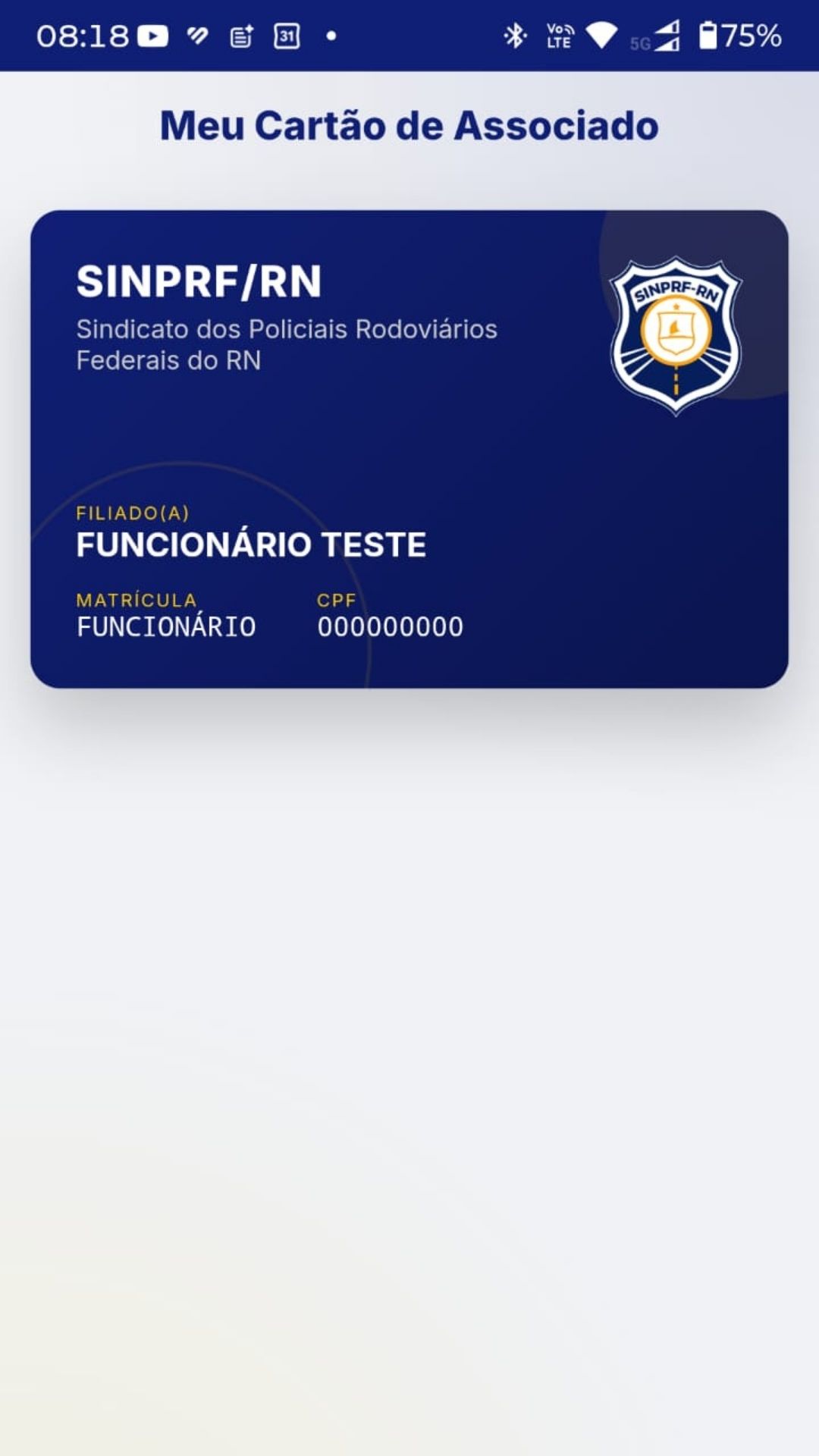 Tela do cartão virtual de associado do SINPRF/RN no celular, com dados de teste